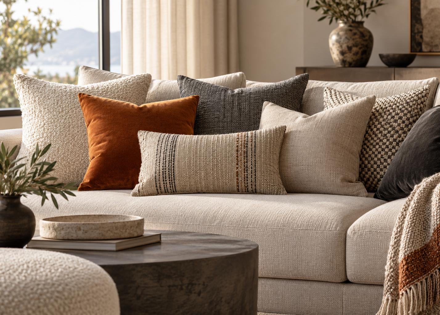 Decorative cushions in varied woven textures